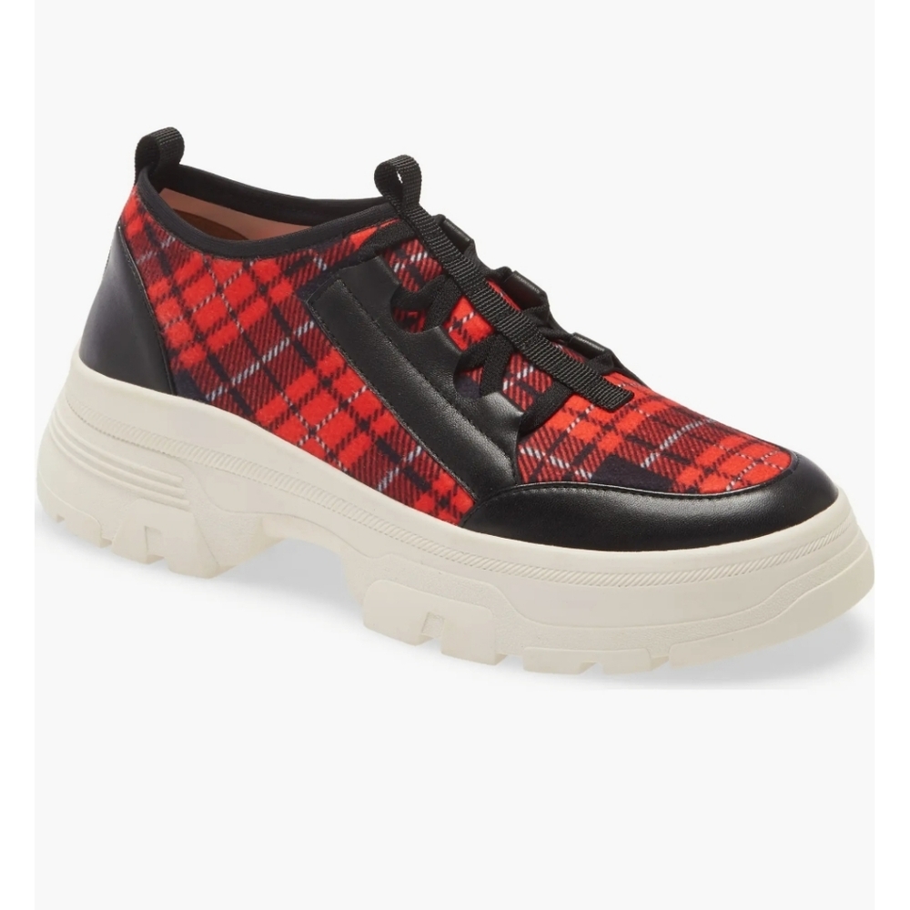 LINEA PAOLO ROWEN SLIP ON PLATFORM SNEAKERS RED BLACK WHITE PLAID NEW IN BOX 7 - Picture 2 of 12